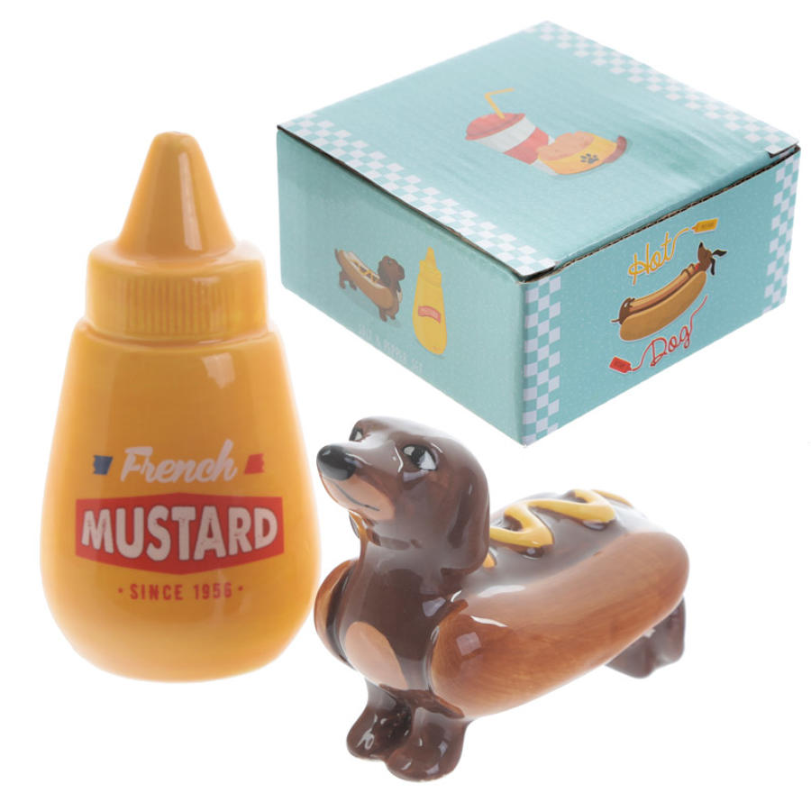 Sausage Dog in a Bun and Mustard Salt and Pepper Set